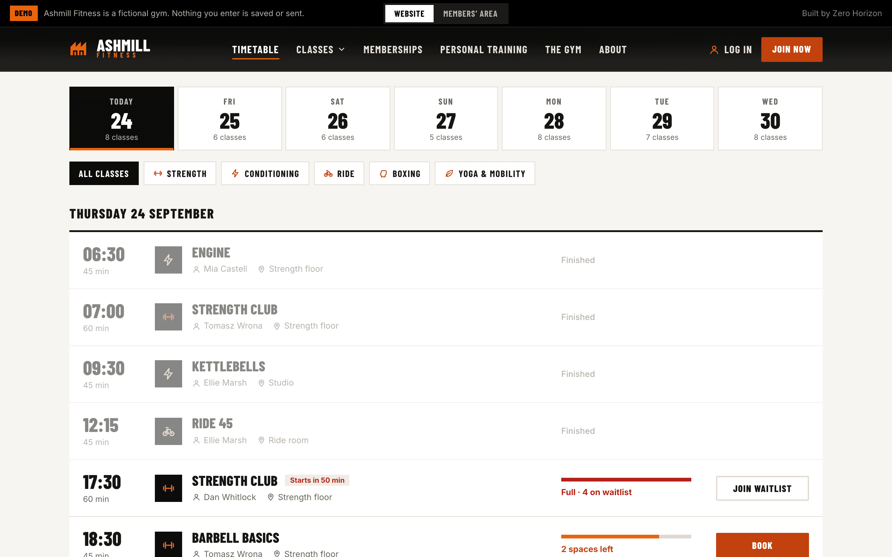 The class timetable: a strip of days, class type filters, and each class with its coach, studio, spaces left and a Book or Join waitlist button