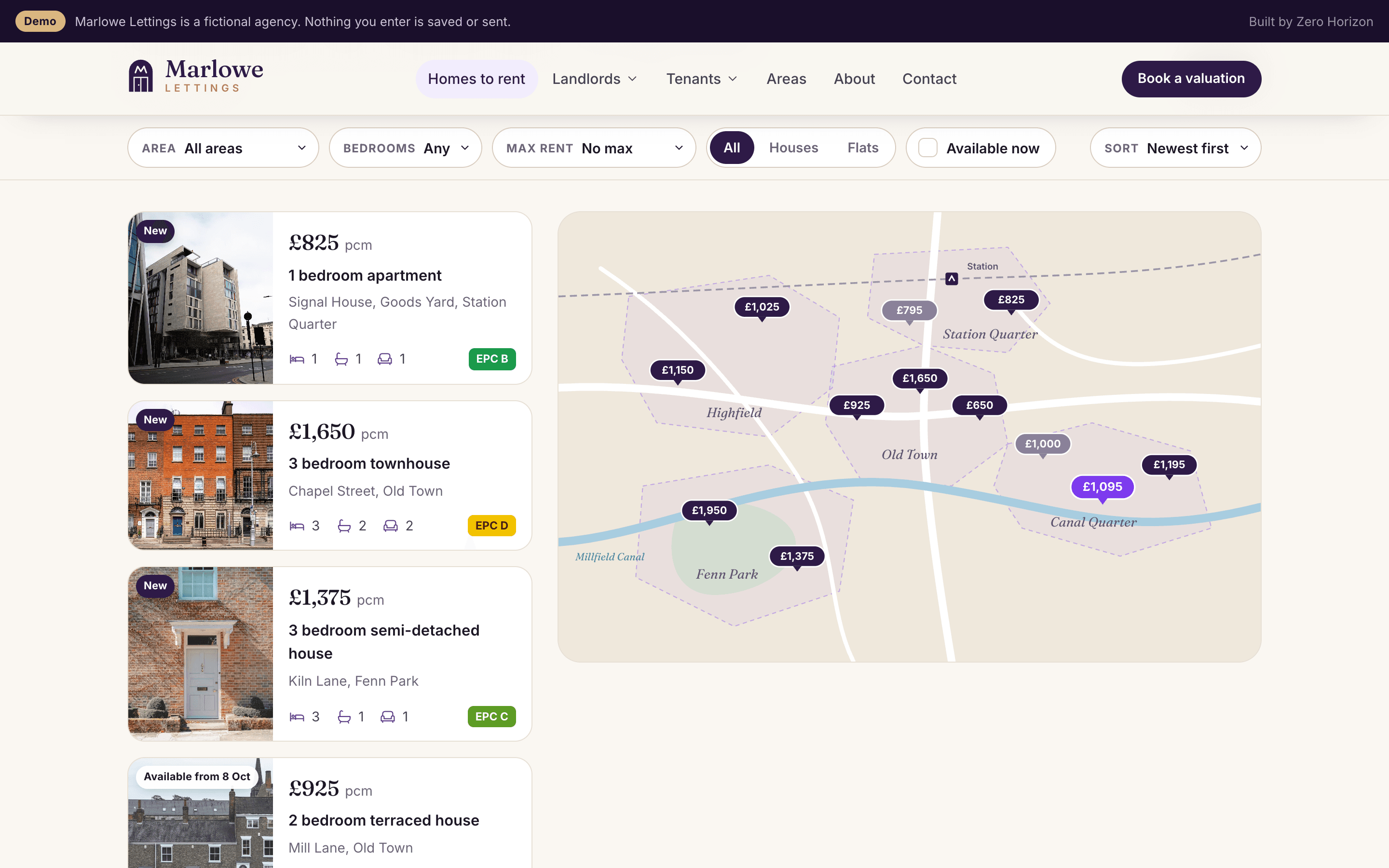 Homes to rent in Millfield on a drawn map of the town, with a rent tag for each home beside the list of results