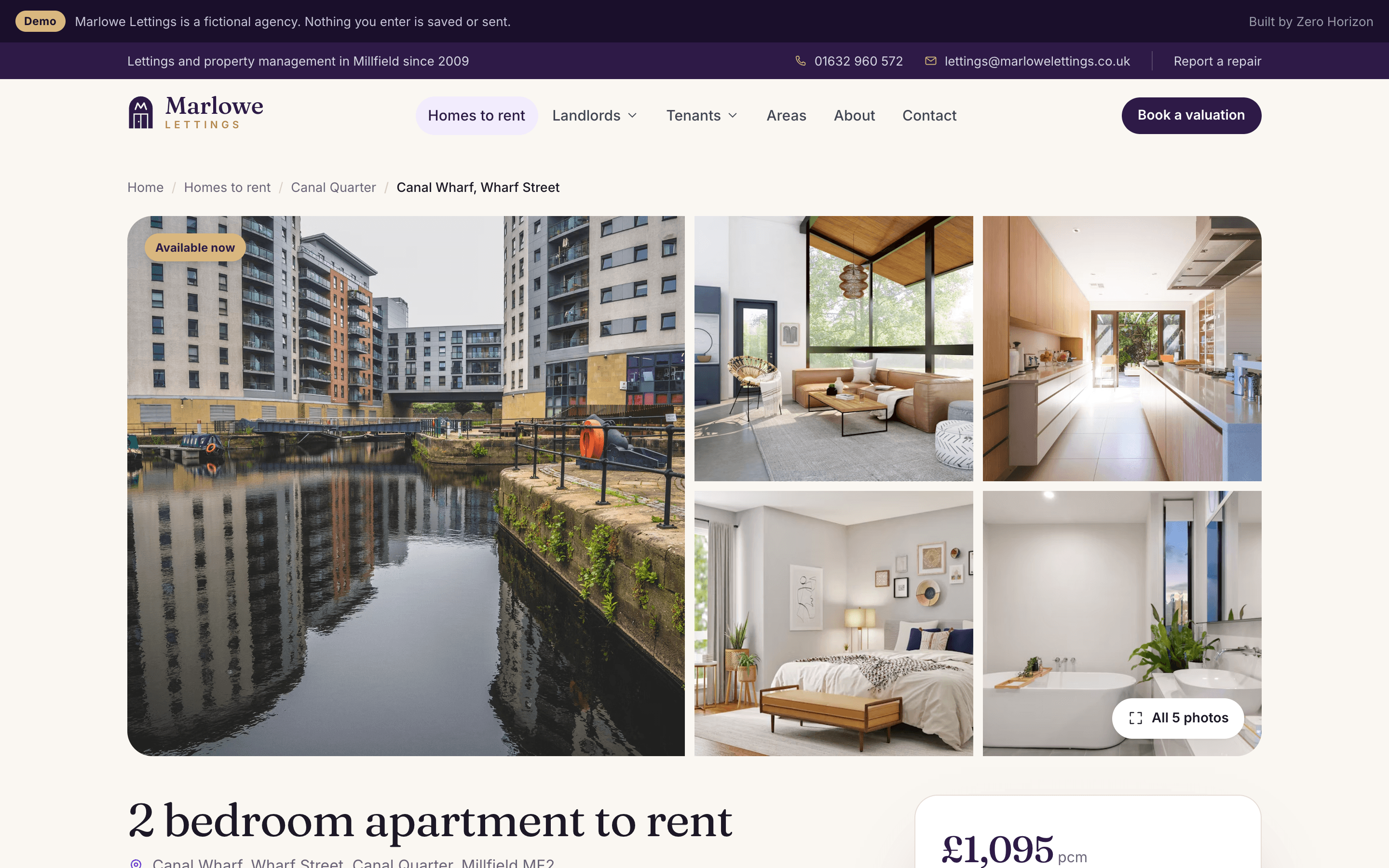 A listing for a two-bedroom apartment: a photo gallery, the rent, deposit and council tax, and a card to book a viewing or apply