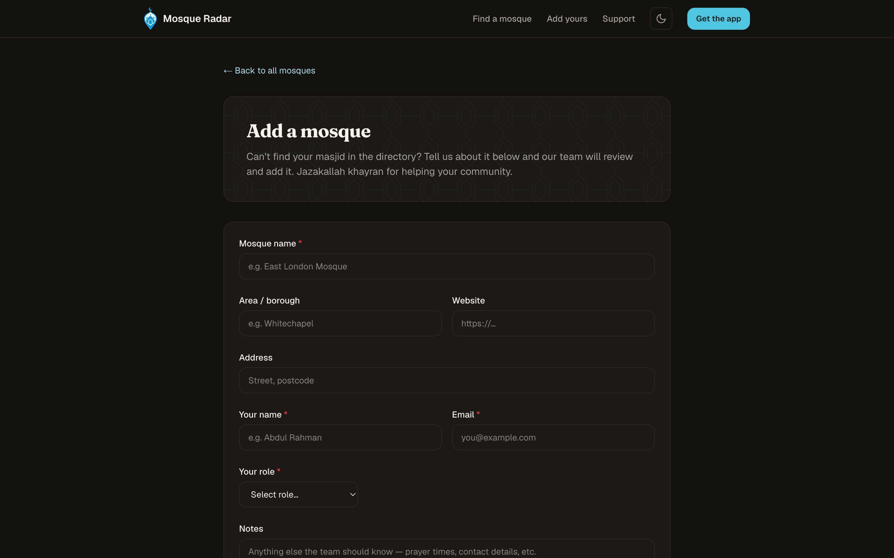 Add a mosque: a form for the community to put a missing masjid in the directory