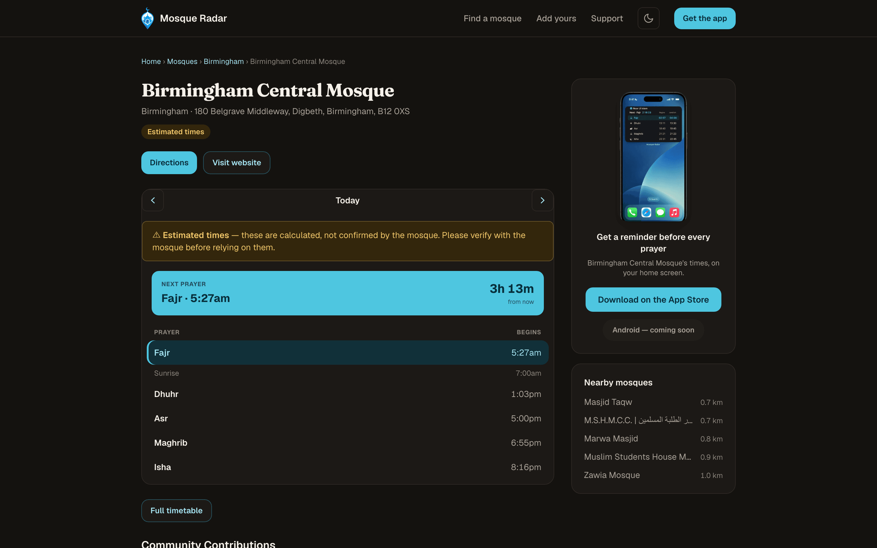 A mosque page: today's prayer times, the next prayer counting down and nearby mosques