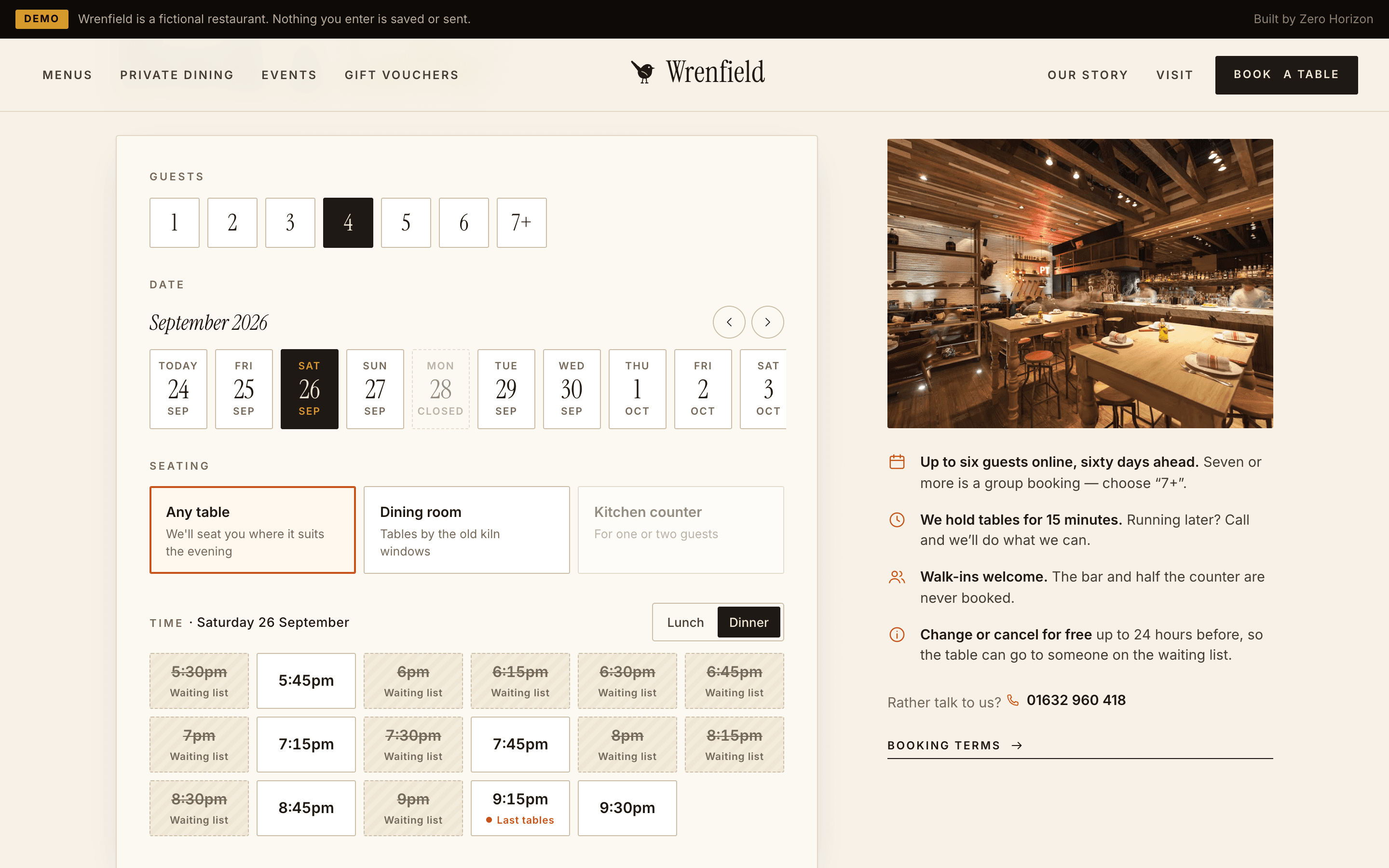 Booking a table: guests, a strip of dates, seating, and the dinner times, with full times offering the waiting list