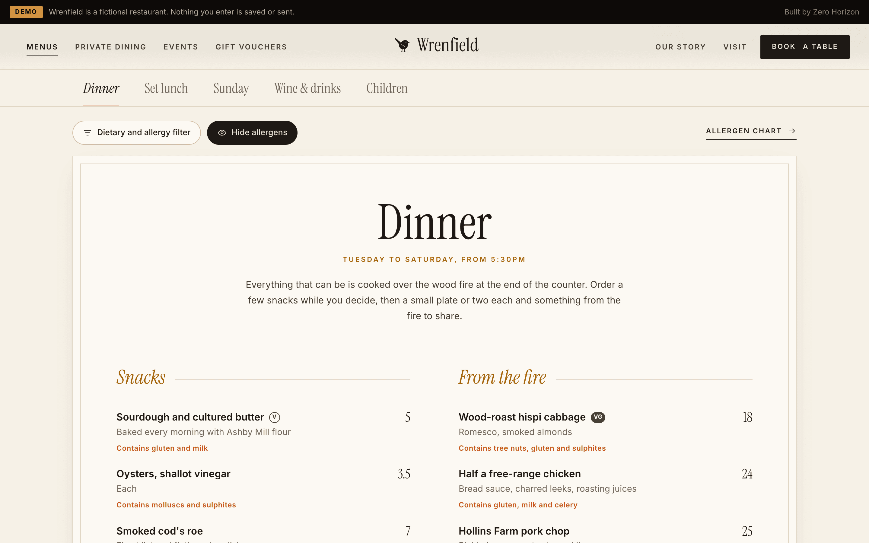 The dinner menu printed on a parchment card, with the allergens listed under each dish and a dietary and allergy filter above it