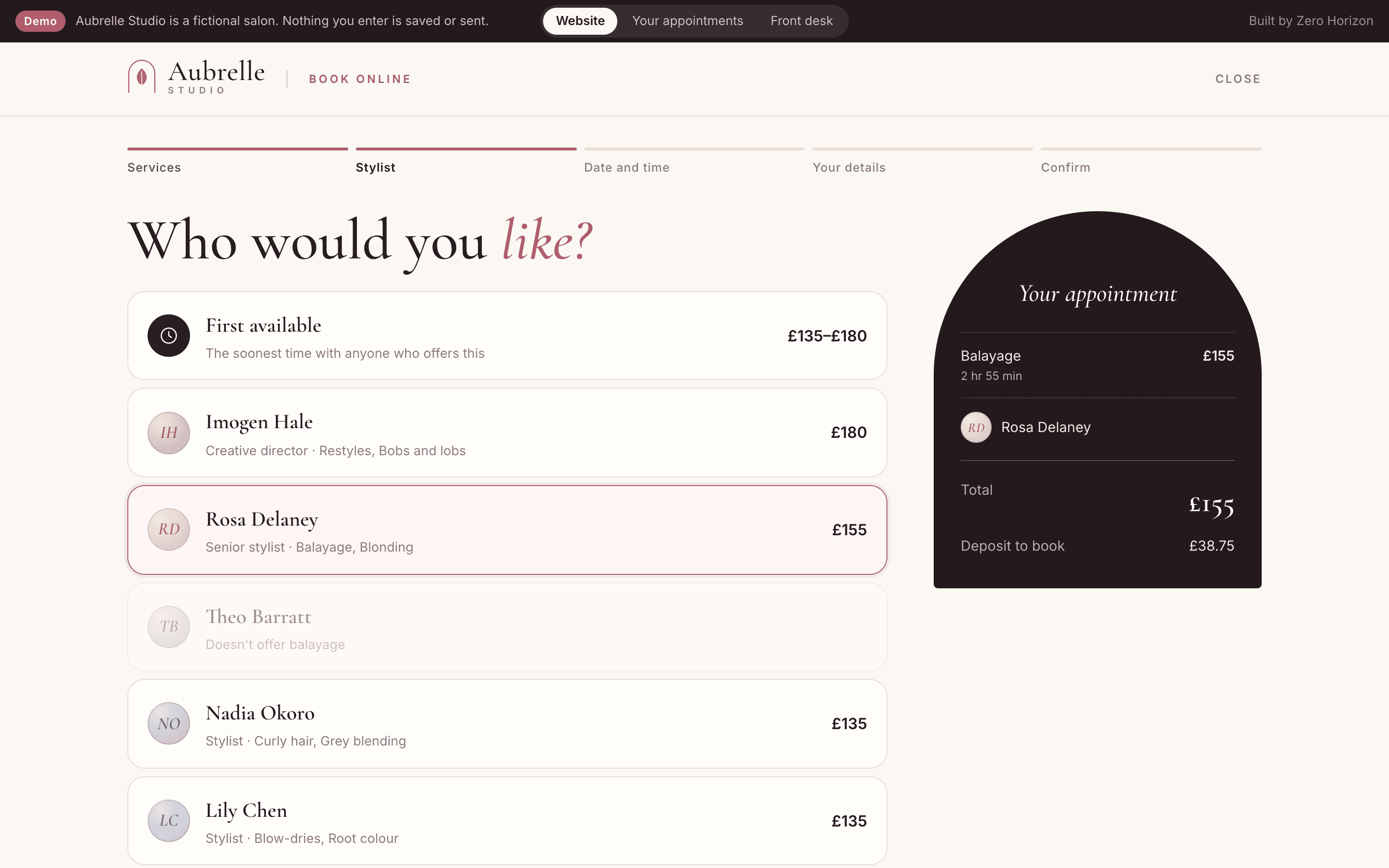 Online booking: choosing a stylist or the first available, with each stylist's price for the chosen services and a booking summary