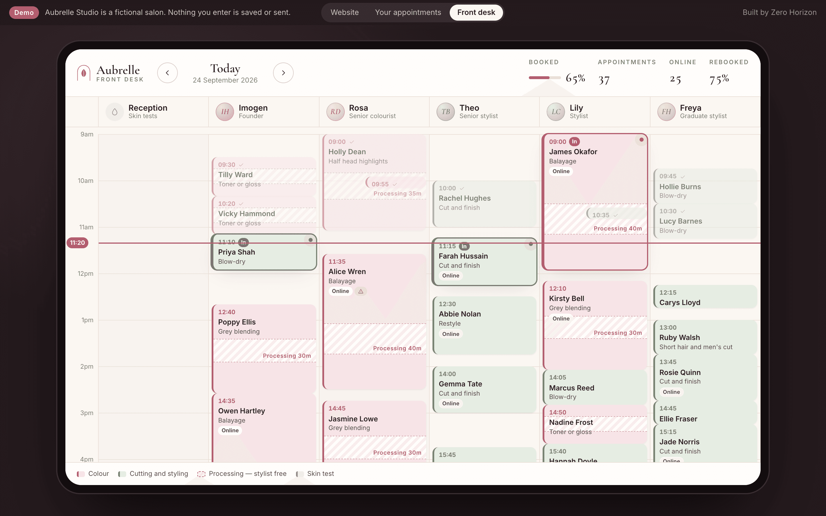 The front-desk appointment book on a tablet: a column for each stylist, colour appointments with hatched processing time and a shorter appointment fitted inside it
