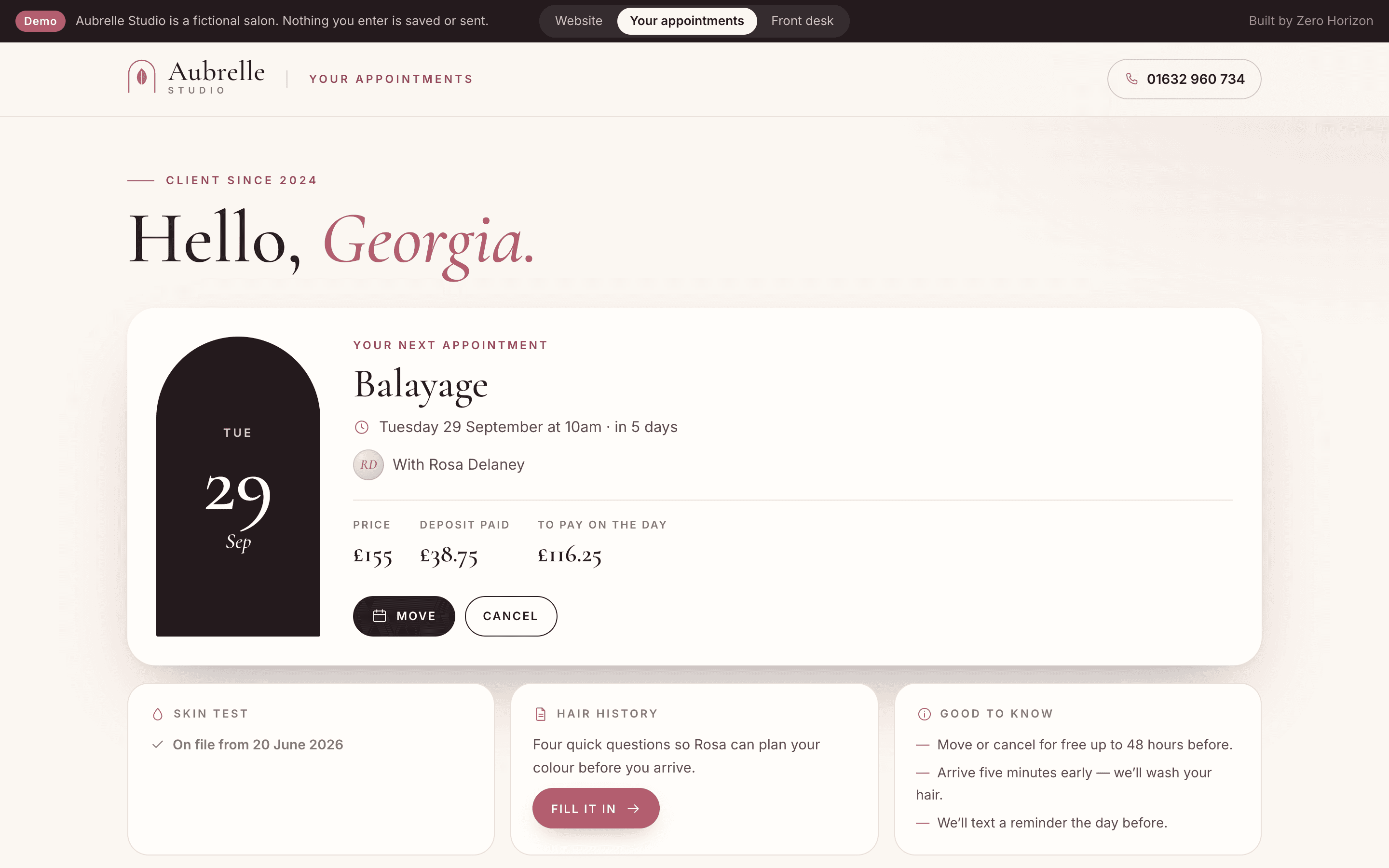 A client's appointment page: the next appointment with its deposit and balance, buttons to move or cancel it, and cards for the skin test and hair history