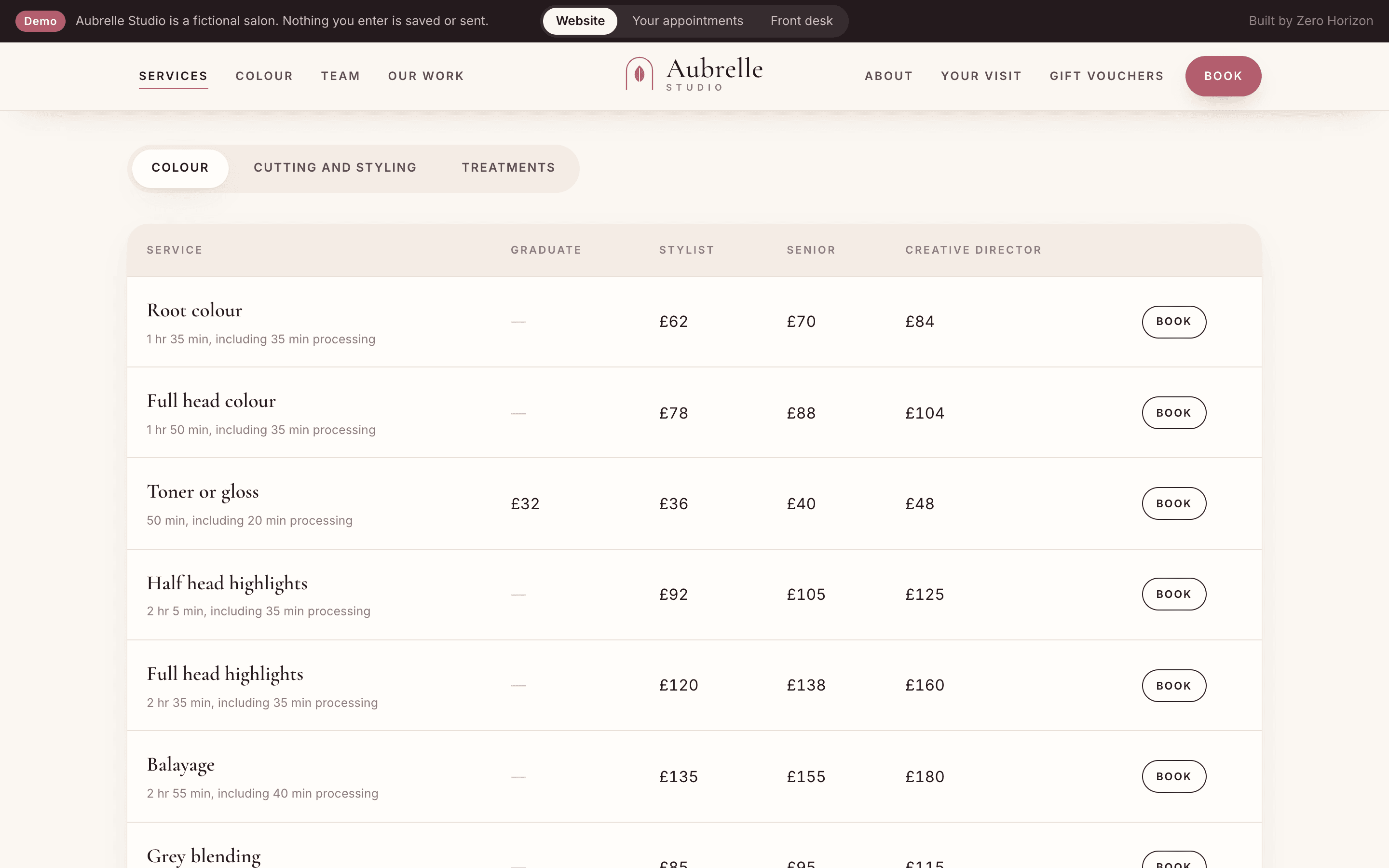 The salon price list, with a column of prices for each stylist level from graduate to creative director
