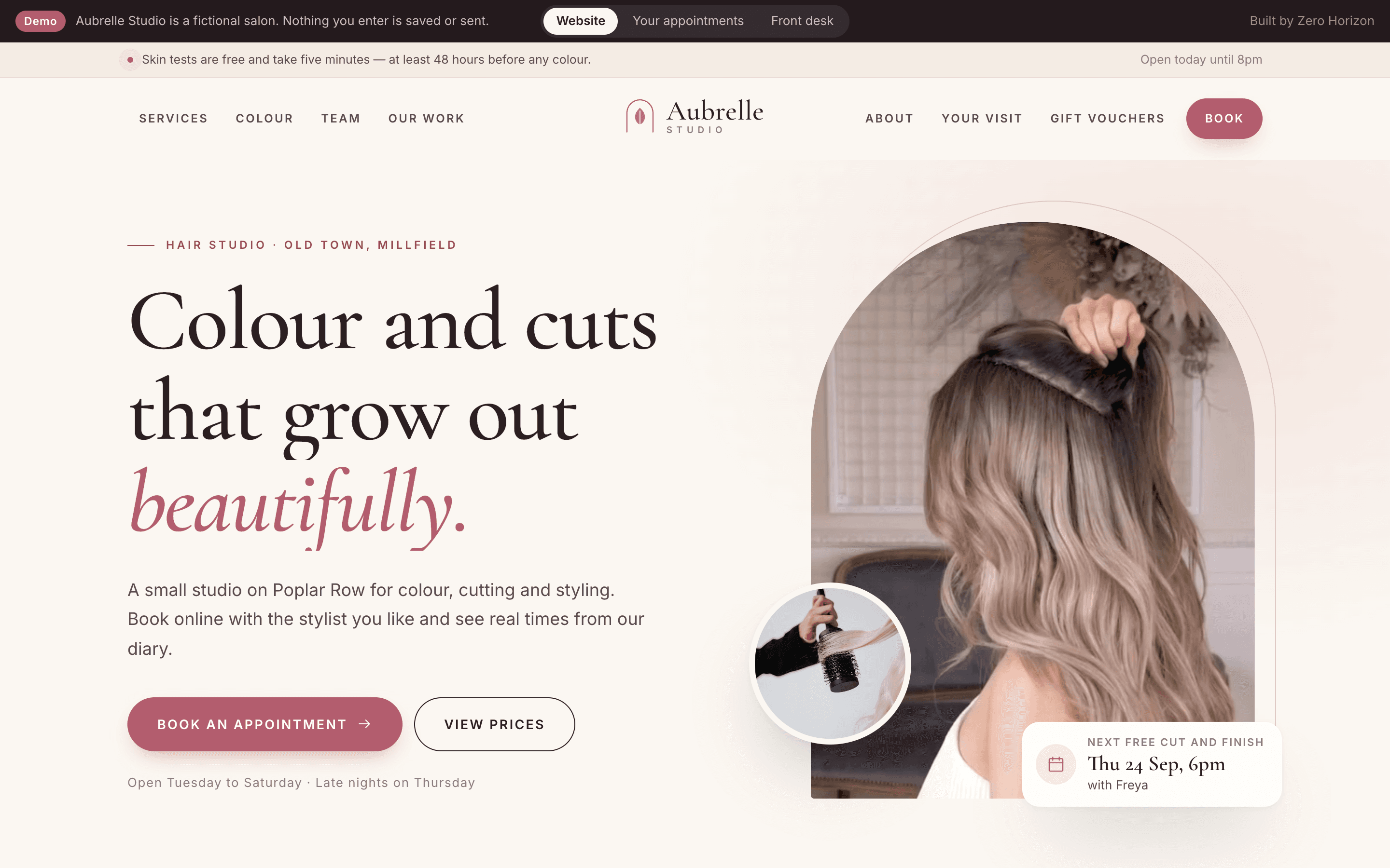 The Aubrelle Studio website: a serif headline, a Book an appointment button, an arched photograph and the next free cut