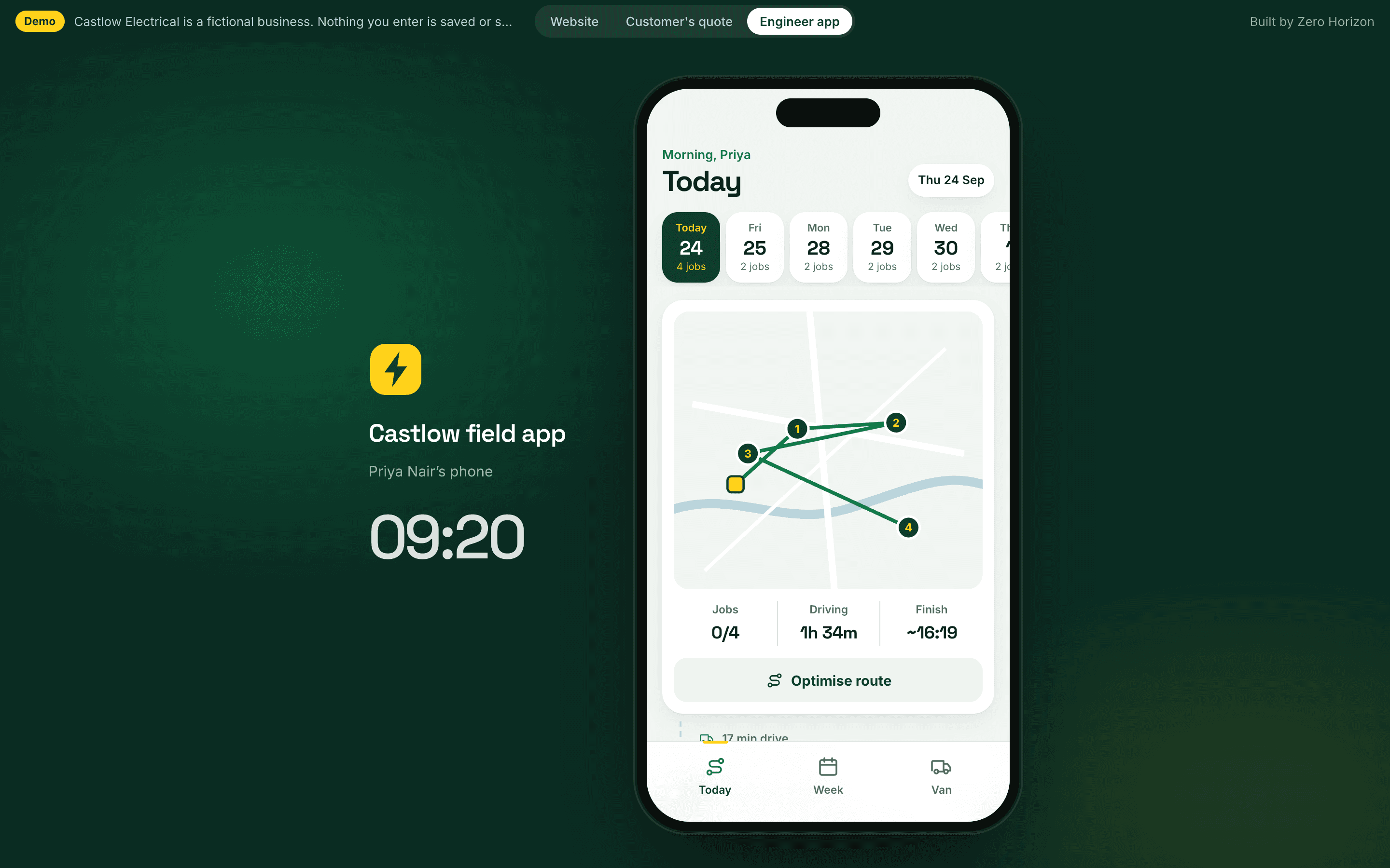 The engineer's app on a phone: the day's jobs on a map in route order, with driving time and an Optimise route button
