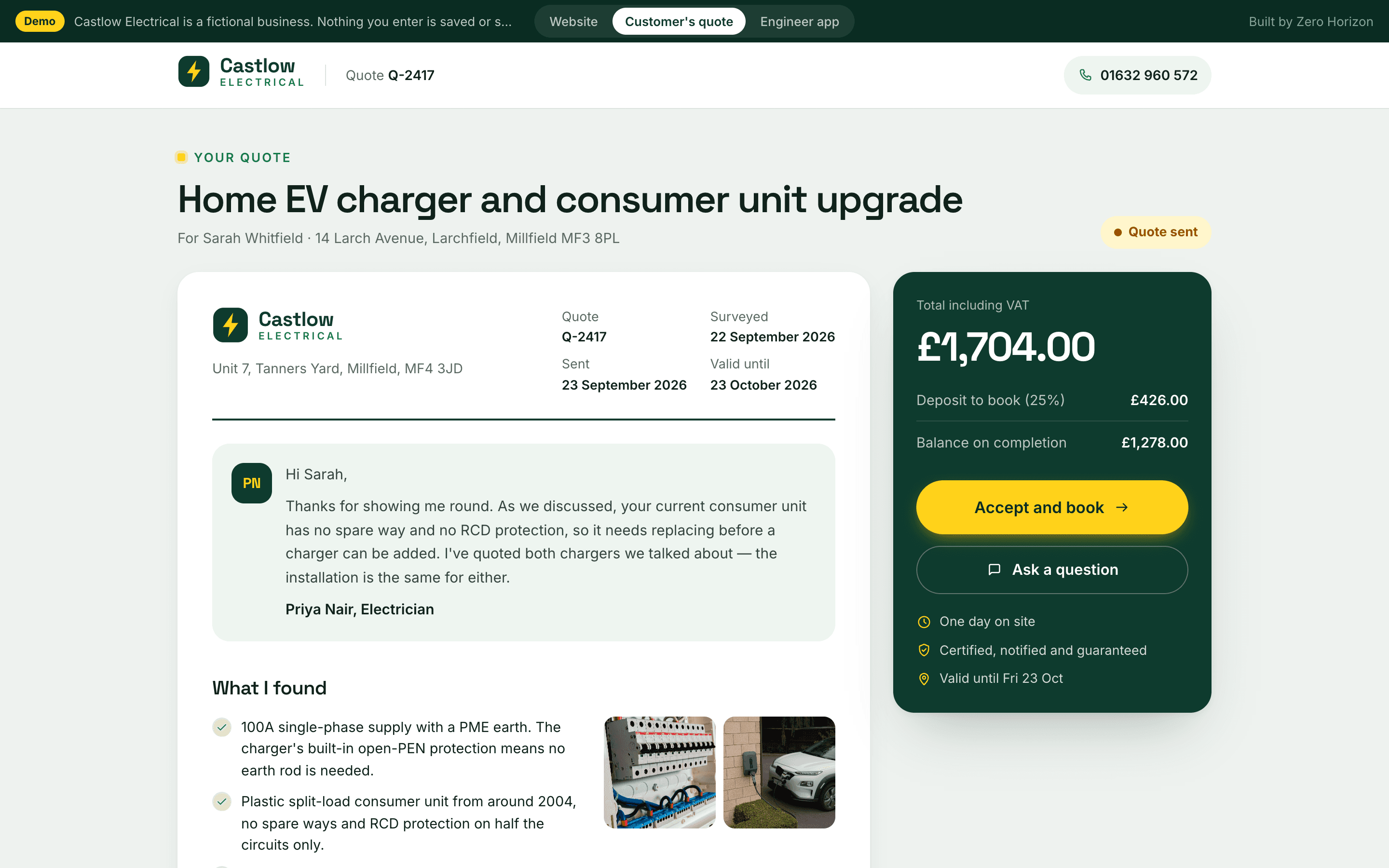 A customer's quote for an EV charger: the electrician's note, what the survey found, two chargers to choose between and the total with the deposit