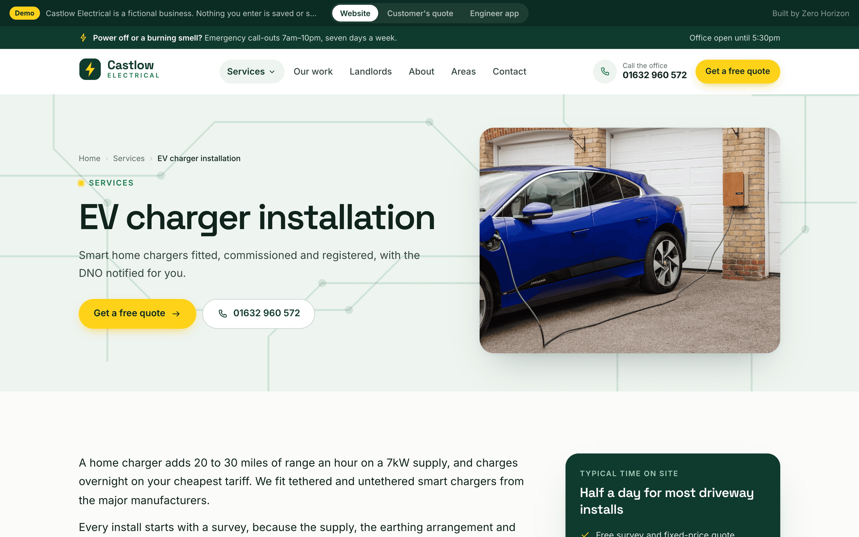 A service page for EV charger installation, with what's included, how it works and a quote panel