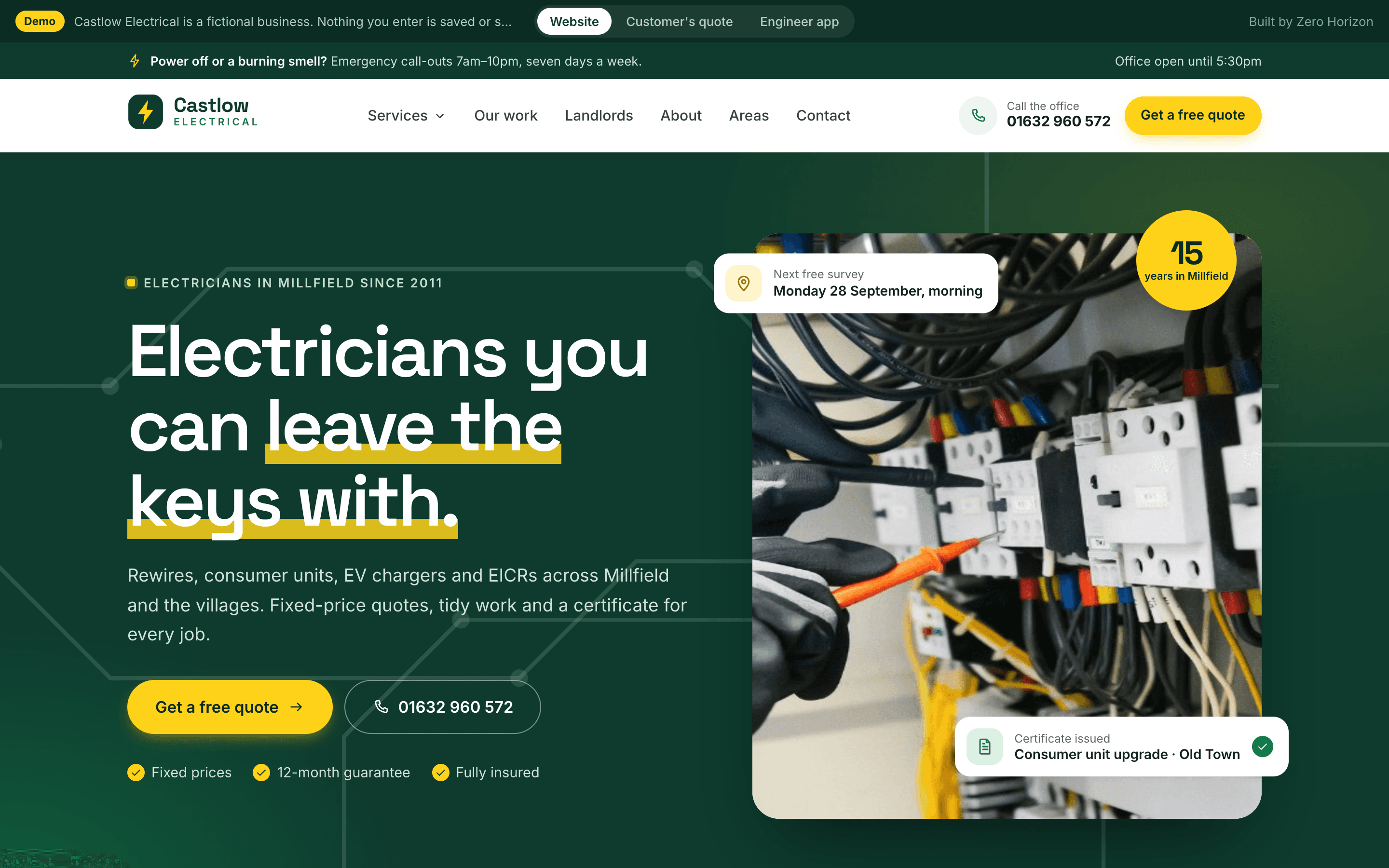 The Castlow Electrical website: a headline, a Get a free quote button, an electrician testing a board and the next free survey date