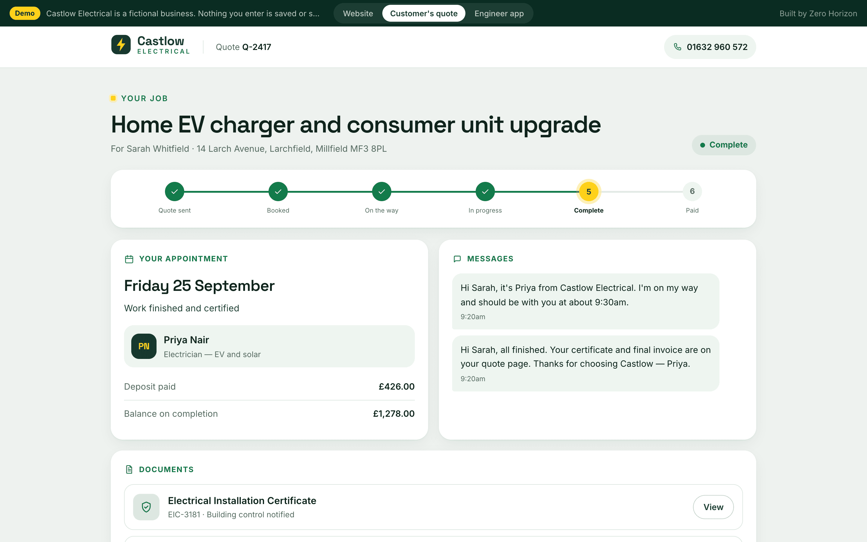 The customer's quote page after booking: job progress, the appointment, a text from the electrician and the certificate and invoice