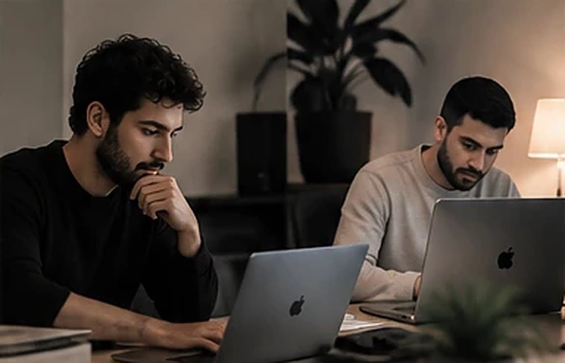 Two people working side by side on laptops